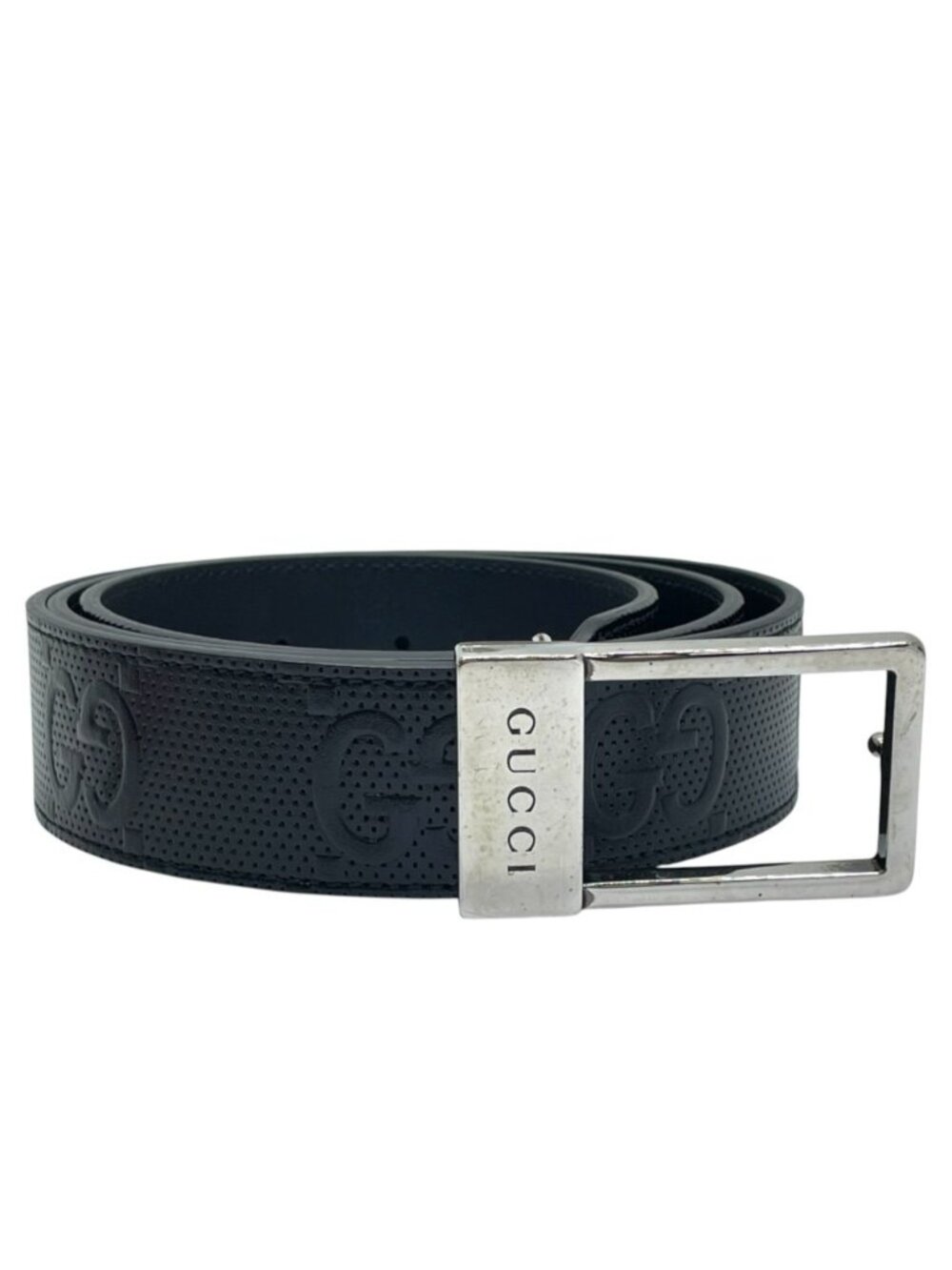 Gucci Square Buckle Belt GG Pattern Leather Metal Black Silver Business